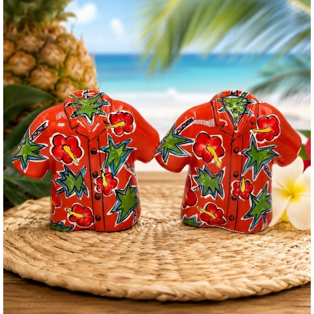 Island Heritage Hawaiian Shirt Salt Pepper Shakers Art Deco Palm Set 2005